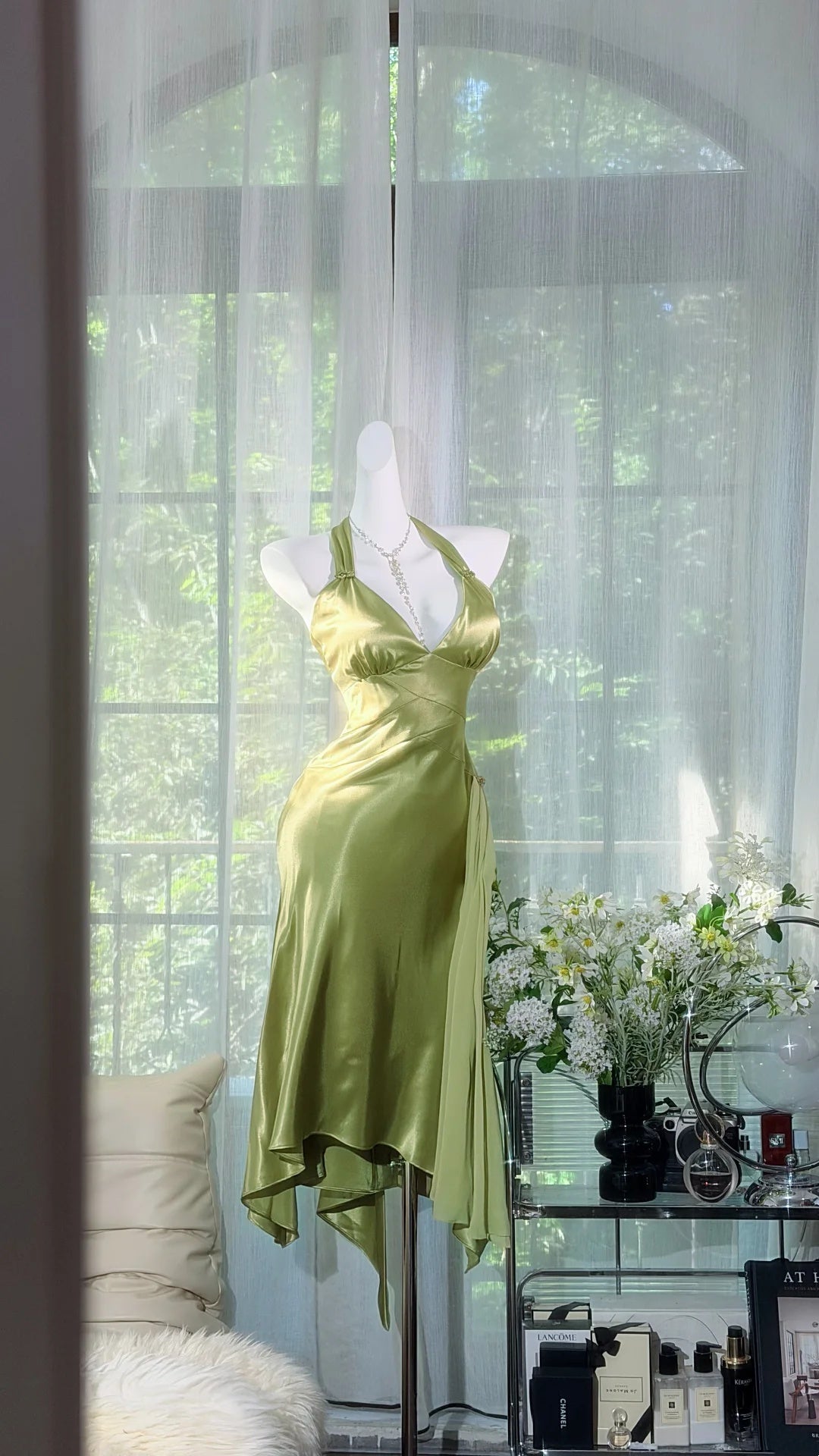 Elegant Sage Green Halter Deep V Neck Satin Midi Sheath Homecoming Dress AS2703