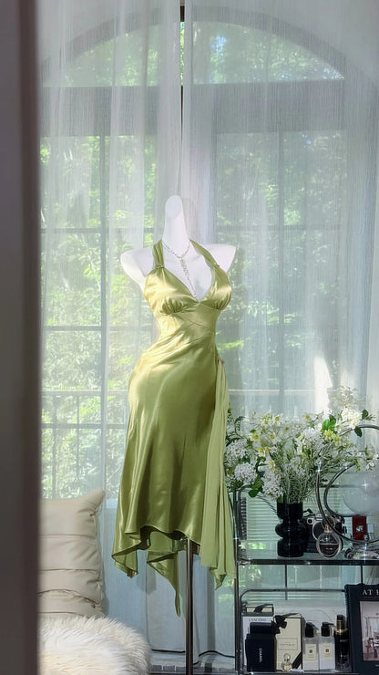 Elegant Sage Green Halter Deep V Neck Satin Midi Sheath Homecoming Dress AS2703