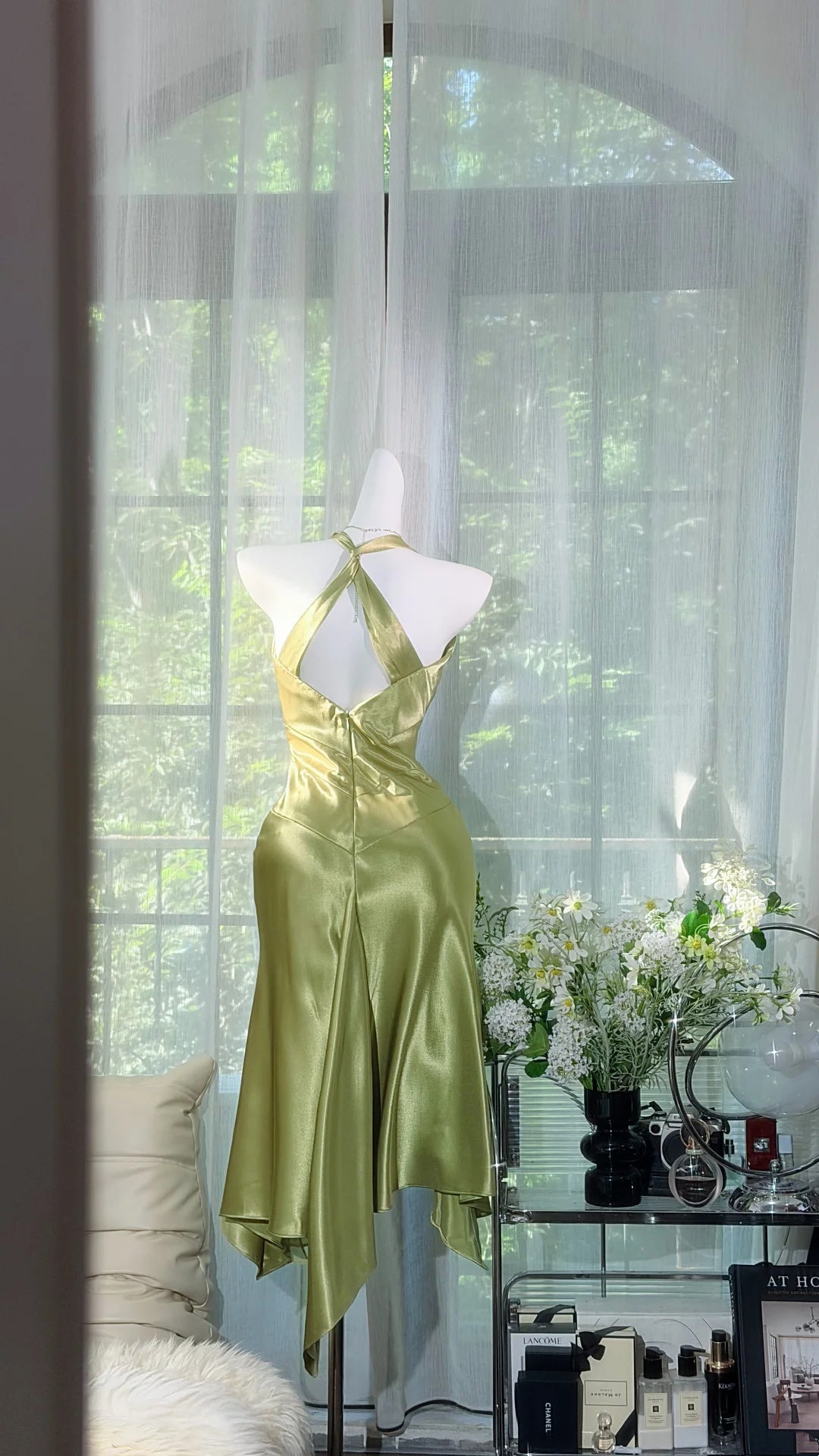 Elegant Sage Green Halter Deep V Neck Satin Midi Sheath Homecoming Dress AS2703