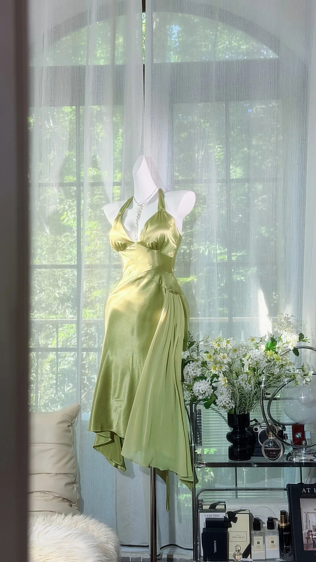 Elegant Sage Green Halter Deep V Neck Satin Midi Sheath Homecoming Dress AS2703