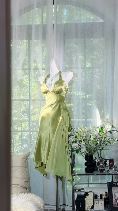 Elegant Sage Green Halter Deep V Neck Satin Midi Sheath Homecoming Dress AS2703