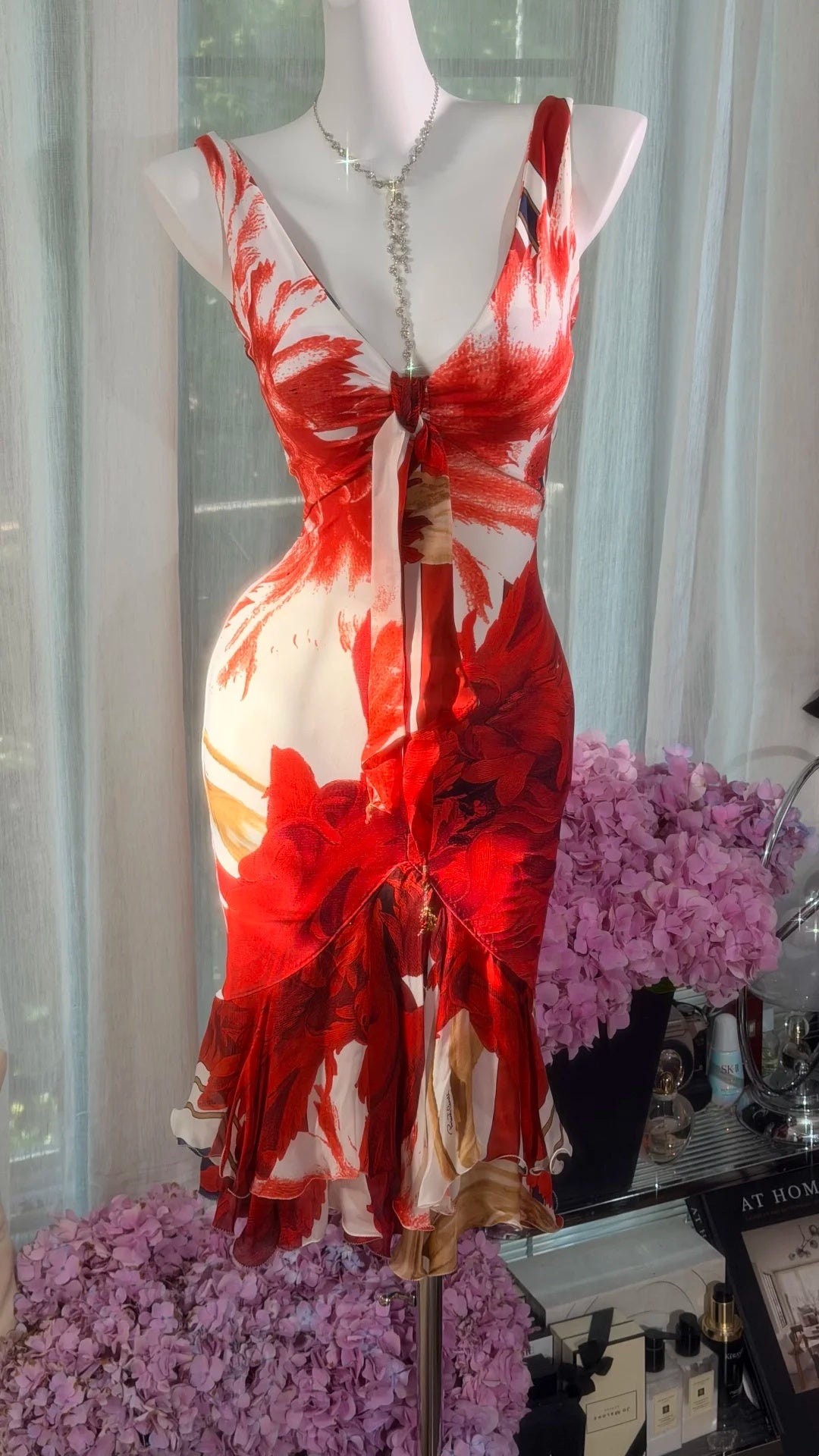 Dramatic Red White Floral Print Deep V Neck Front Tie Flounce Hem Bodycon Midi Homecoming Dress AS2704