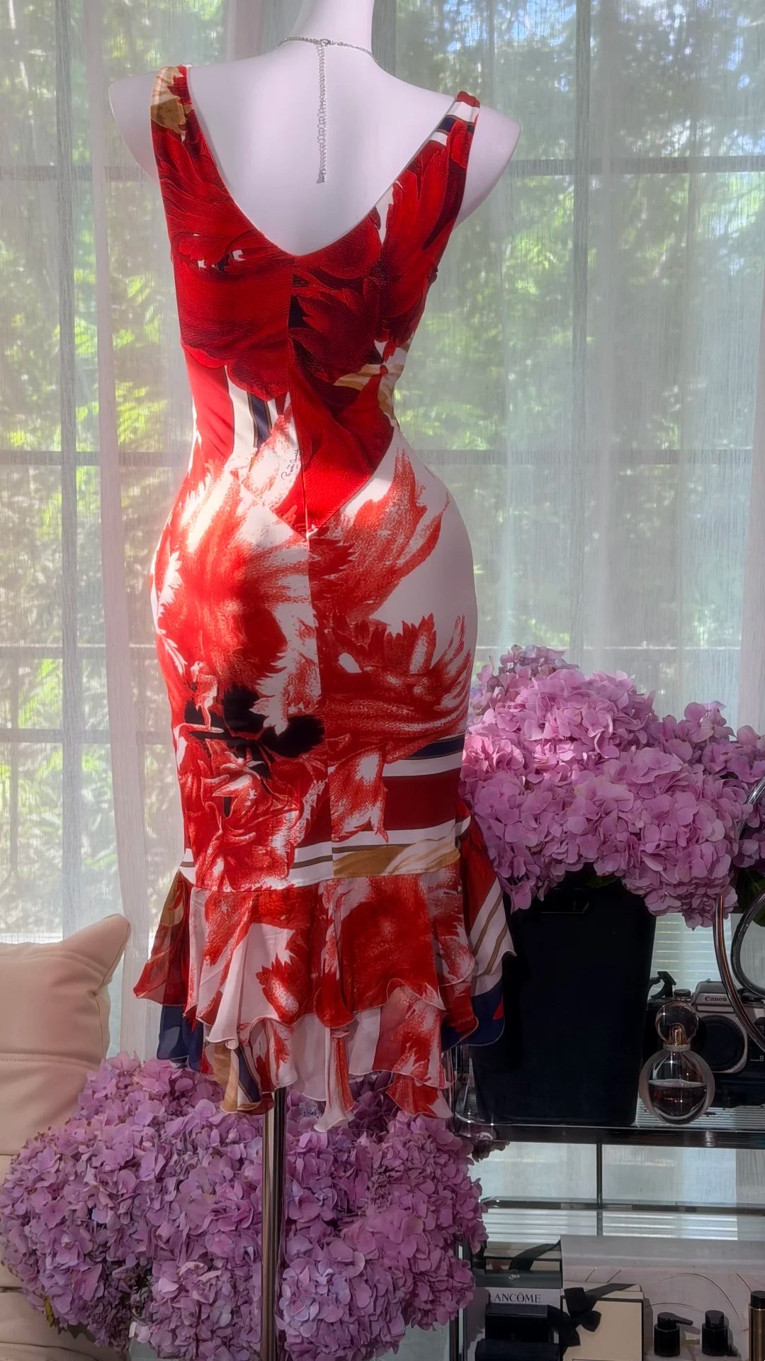 Dramatic Red White Floral Print Deep V Neck Front Tie Flounce Hem Bodycon Midi Homecoming Dress AS2704