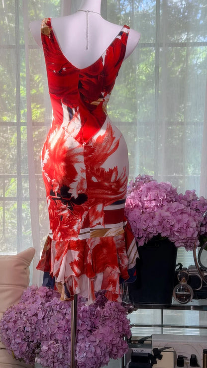 Dramatic Red White Floral Print Deep V Neck Front Tie Flounce Hem Bodycon Midi Homecoming Dress AS2704