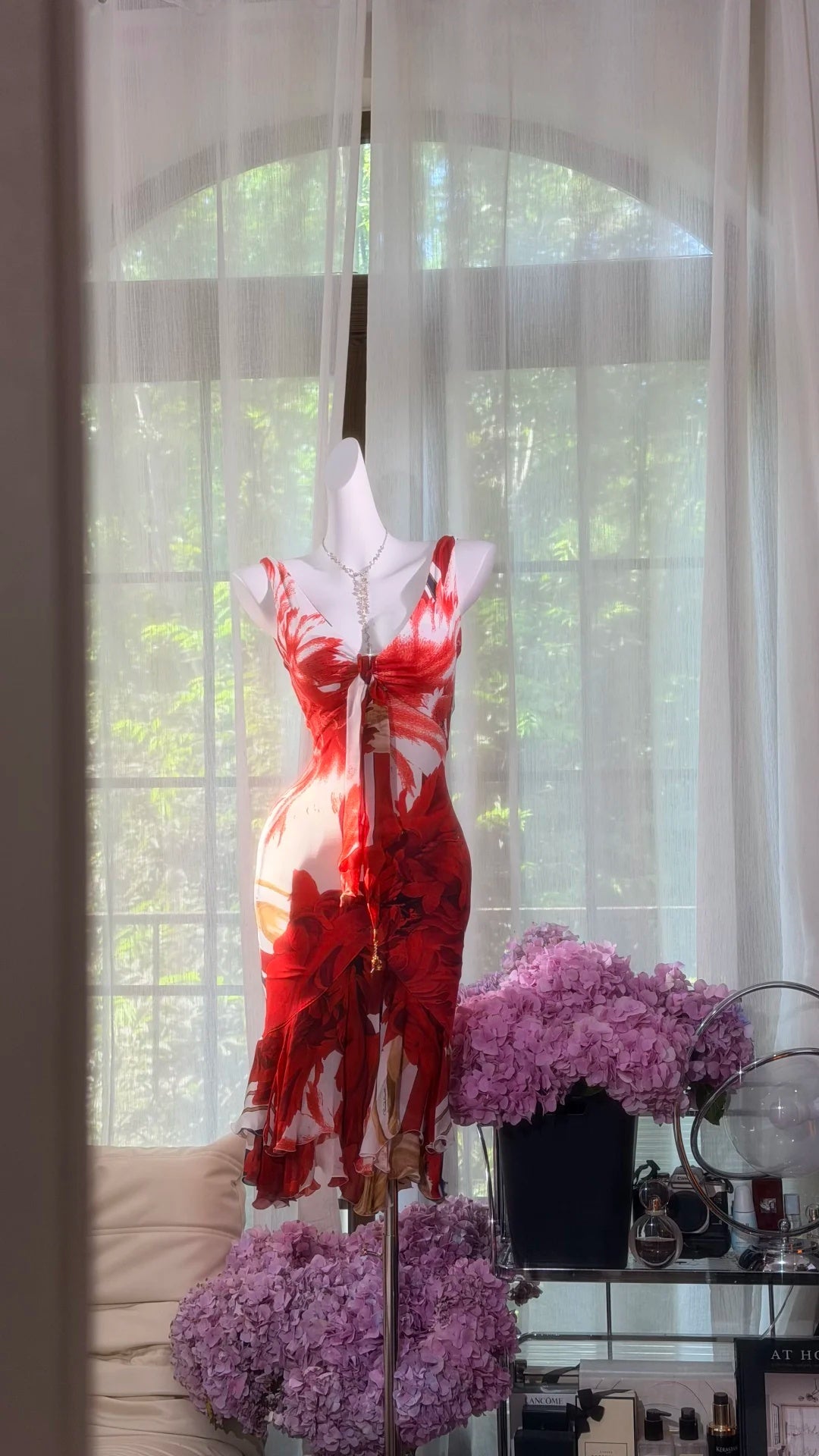 Dramatic Red White Floral Print Deep V Neck Front Tie Flounce Hem Bodycon Midi Homecoming Dress AS2704
