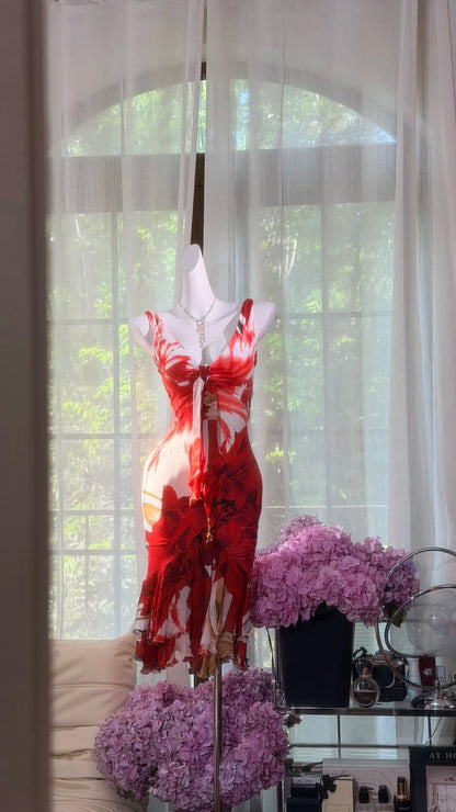 Dramatic Red White Floral Print Deep V Neck Front Tie Flounce Hem Bodycon Midi Homecoming Dress AS2704