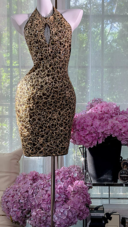 Glam Black Gold Halter Keyhole Neck Rhinestone Detail Bodycon Short Homecoming Dress AS2705