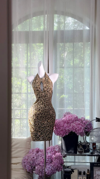 Glam Black Gold Halter Keyhole Neck Rhinestone Detail Bodycon Short Homecoming Dress AS2705