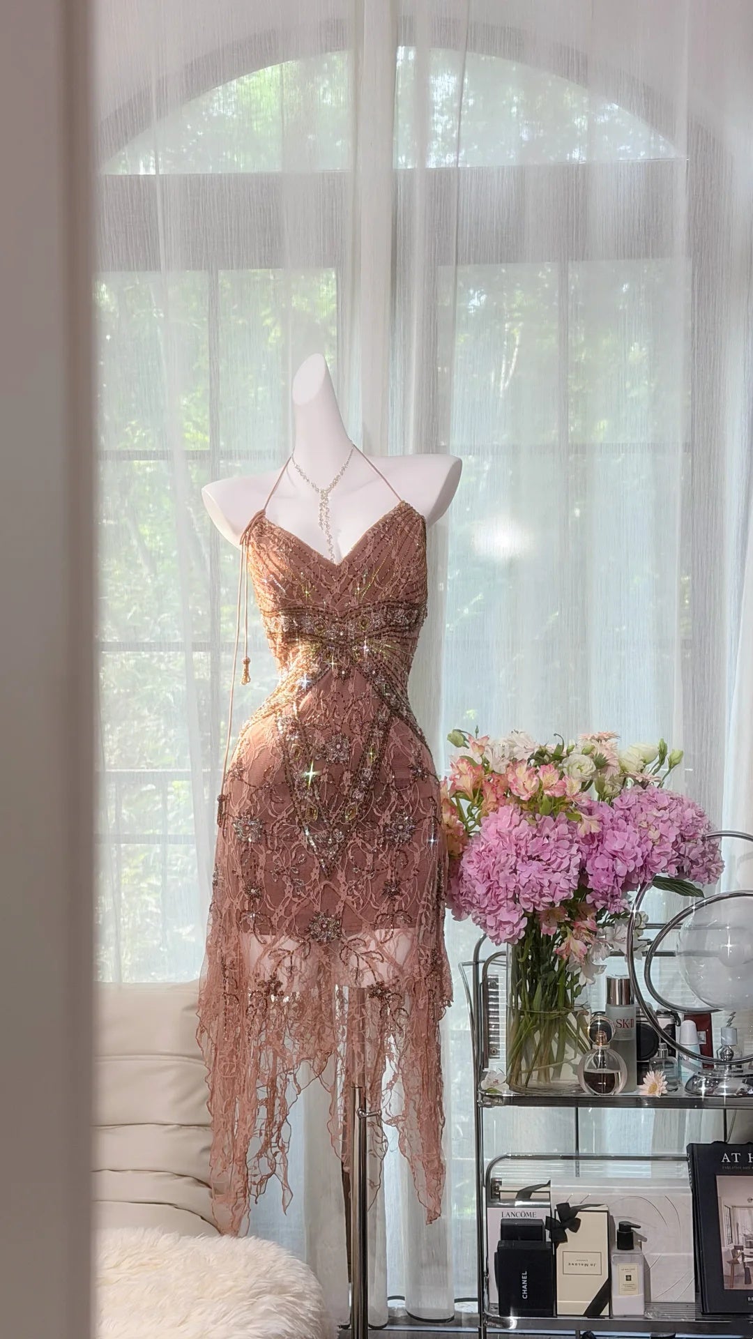 Glam Dusty Rose Halter V Neck Beaded Lace Bodycon Short Homecoming Dress AS2706