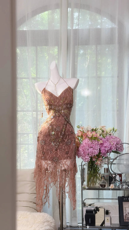 Glam Dusty Rose Halter V Neck Beaded Lace Bodycon Short Homecoming Dress AS2706