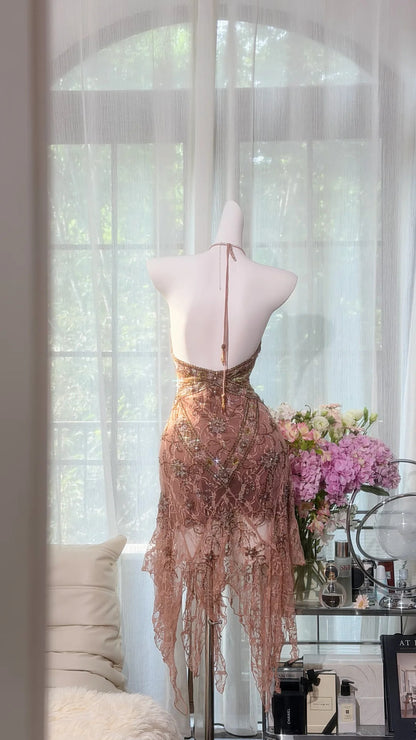 Glam Dusty Rose Halter V Neck Beaded Lace Bodycon Short Homecoming Dress AS2706