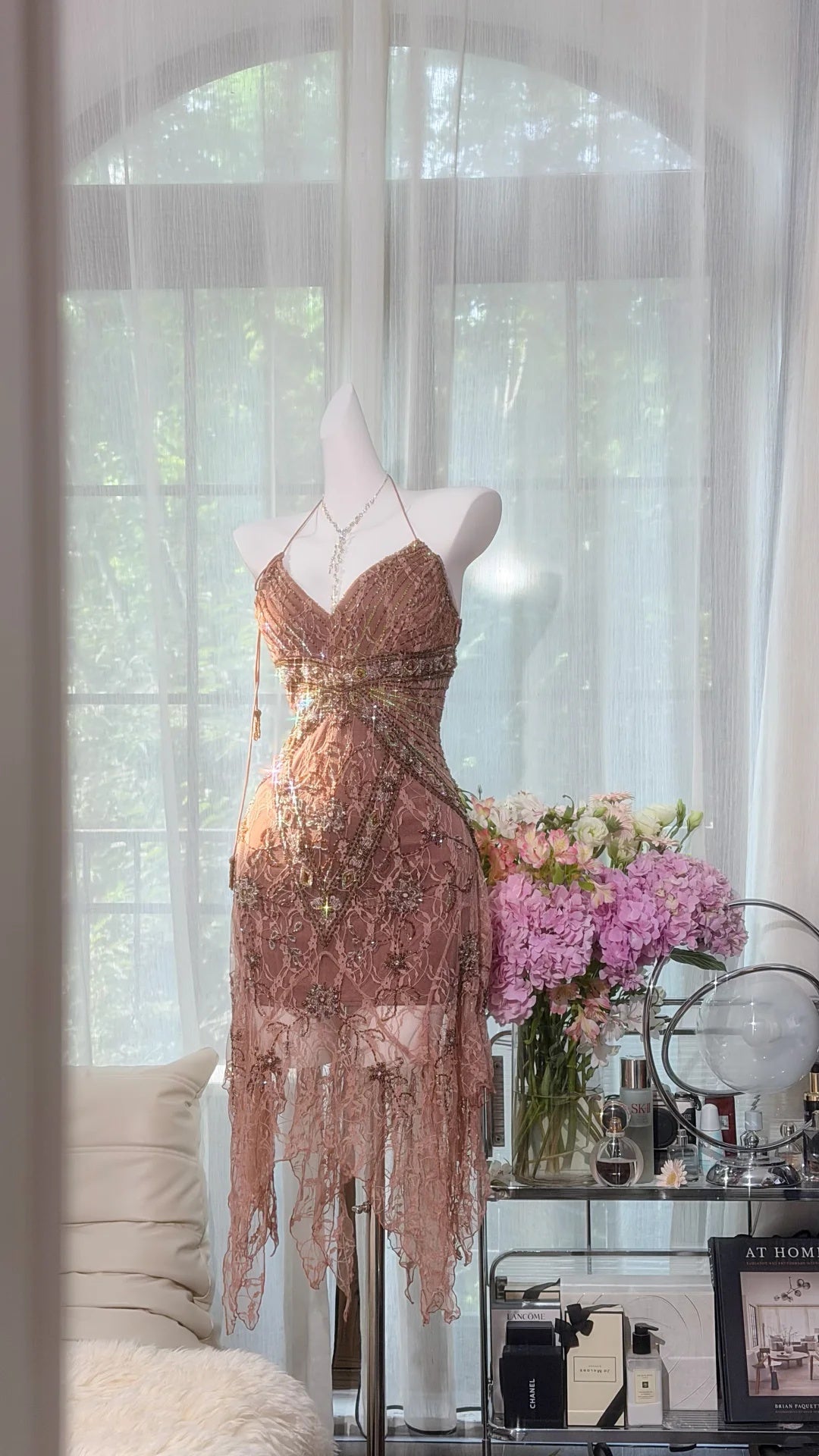 Glam Dusty Rose Halter V Neck Beaded Lace Bodycon Short Homecoming Dress AS2706