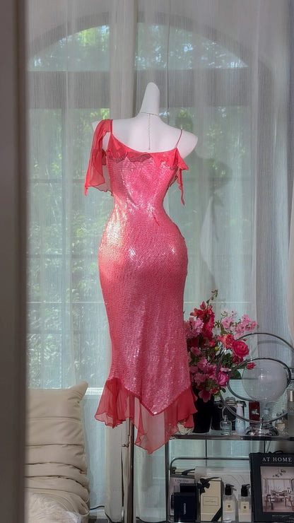 Stunning Coral Asymmetric Straps Chiffon Ruffle Sequin Slit Bodycon Midi Homecoming Dress AS2707