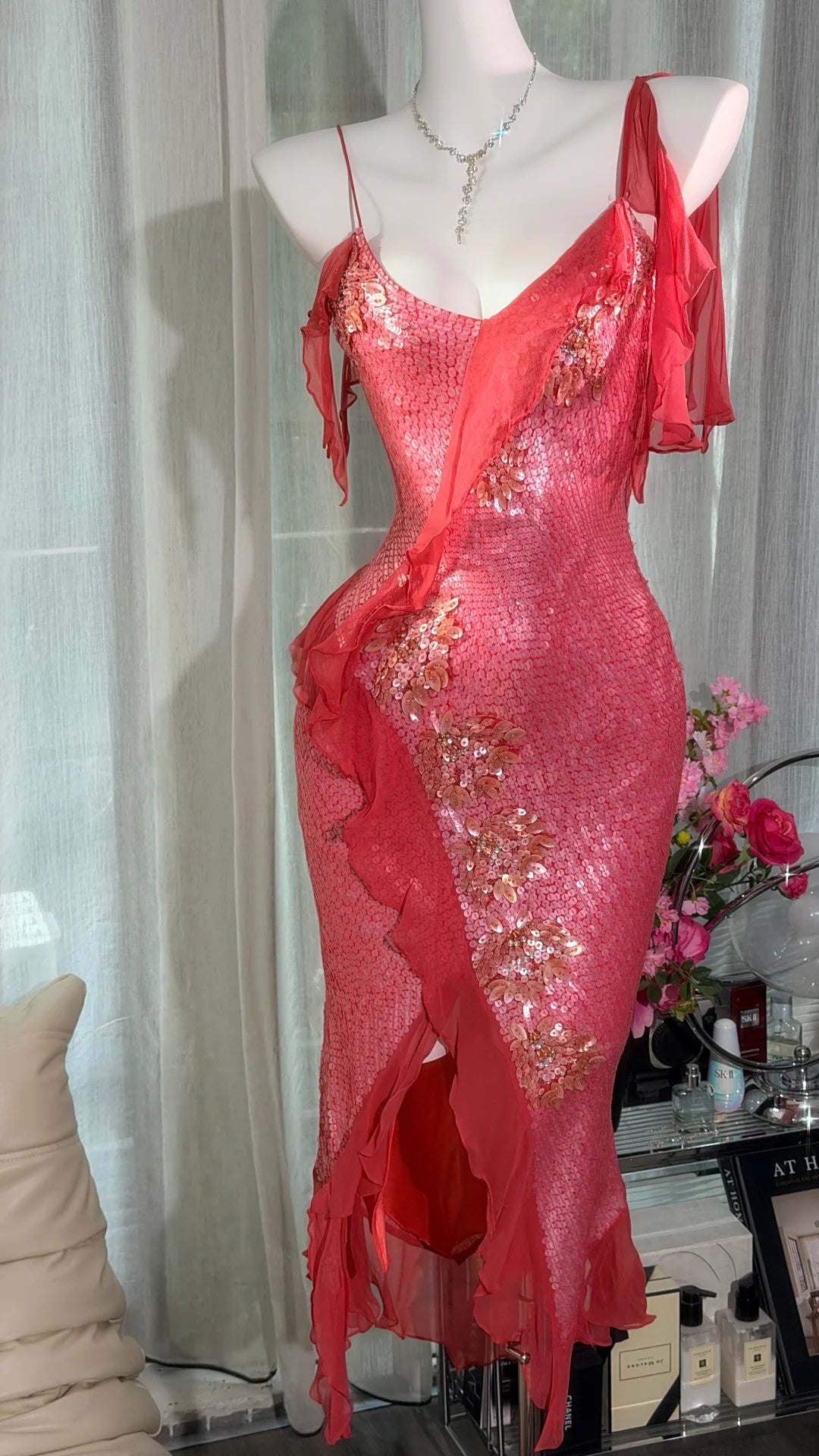 Stunning Coral Asymmetric Straps Chiffon Ruffle Sequin Slit Bodycon Midi Homecoming Dress AS2707