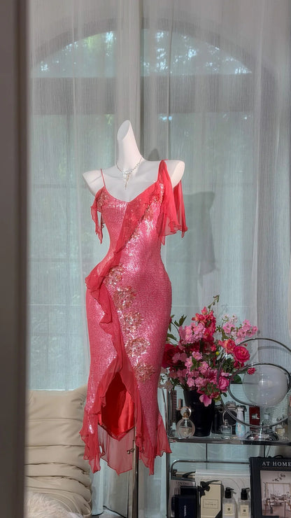 Stunning Coral Asymmetric Straps Chiffon Ruffle Sequin Slit Bodycon Midi Homecoming Dress AS2707