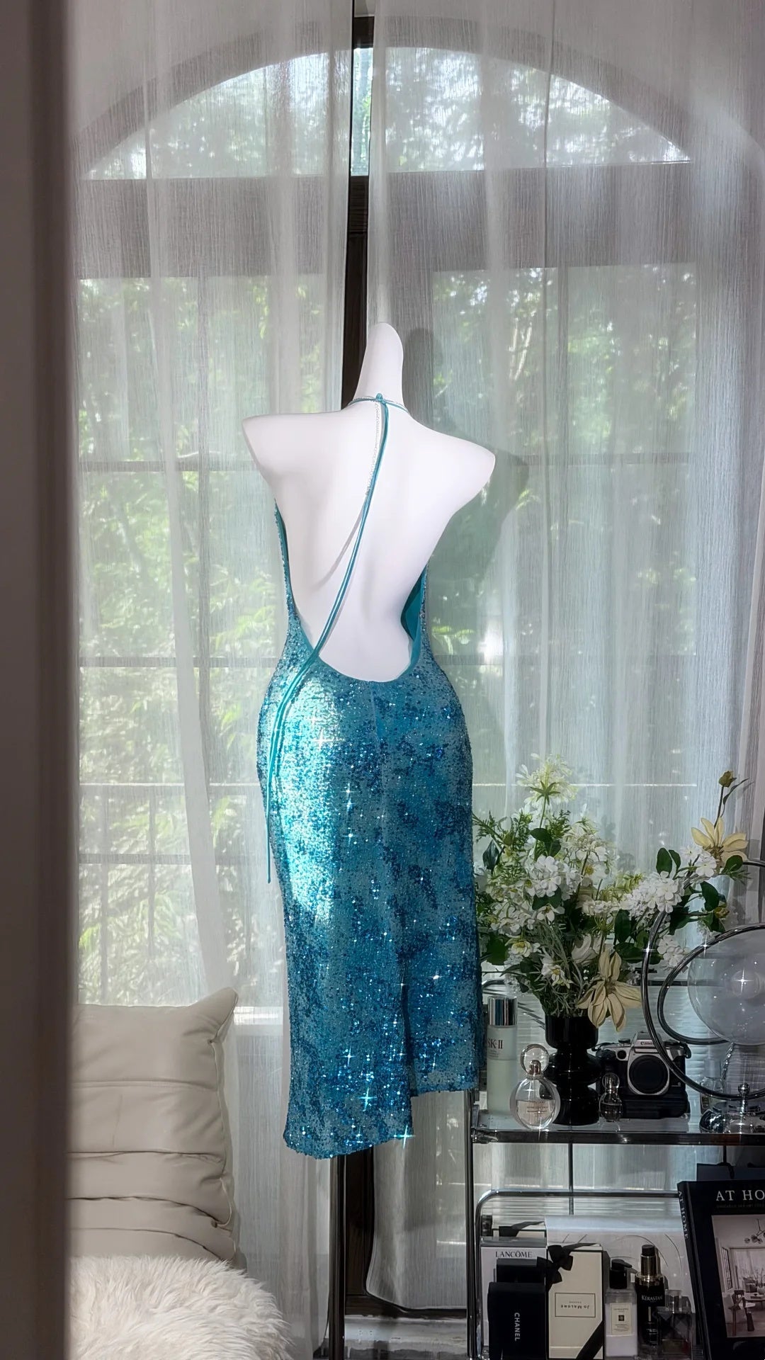 Dazzling Aqua Blue Halter Sequin Rhinestone Bodycon Midi Homecoming Dress AS2709