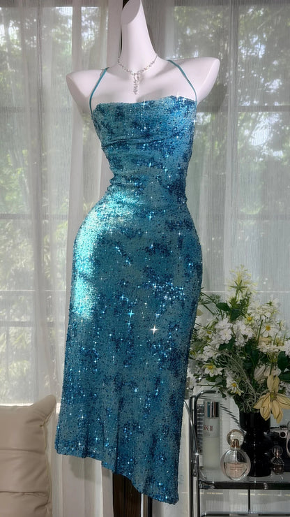 Dazzling Aqua Blue Halter Sequin Rhinestone Bodycon Midi Homecoming Dress AS2709