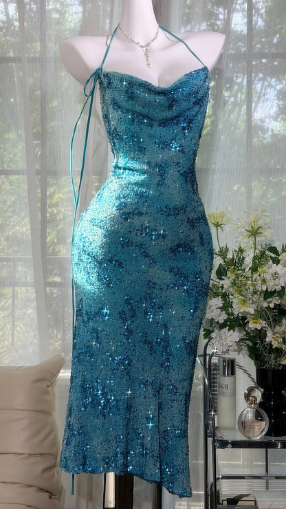 Dazzling Aqua Blue Halter Sequin Rhinestone Bodycon Midi Homecoming Dress AS2709