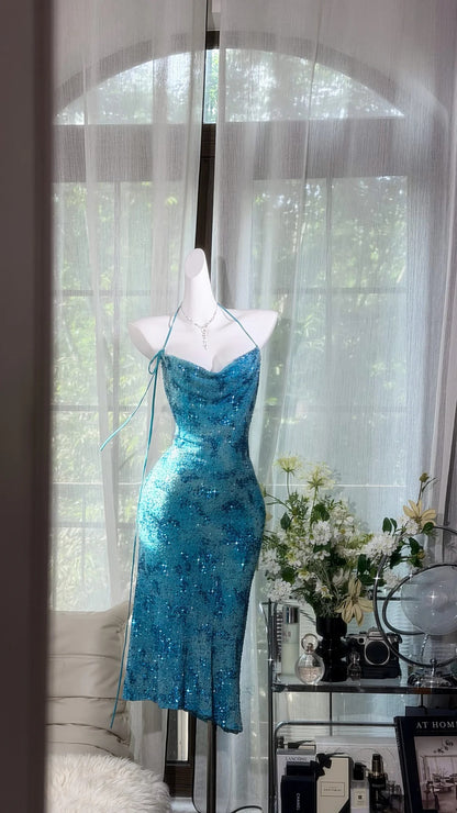 Dazzling Aqua Blue Halter Sequin Rhinestone Bodycon Midi Homecoming Dress AS2709