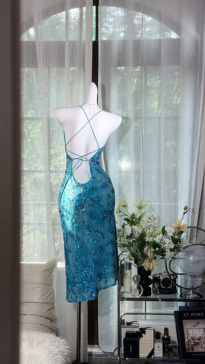 Dazzling Aqua Blue Halter Sequin Rhinestone Bodycon Midi Homecoming Dress AS2709