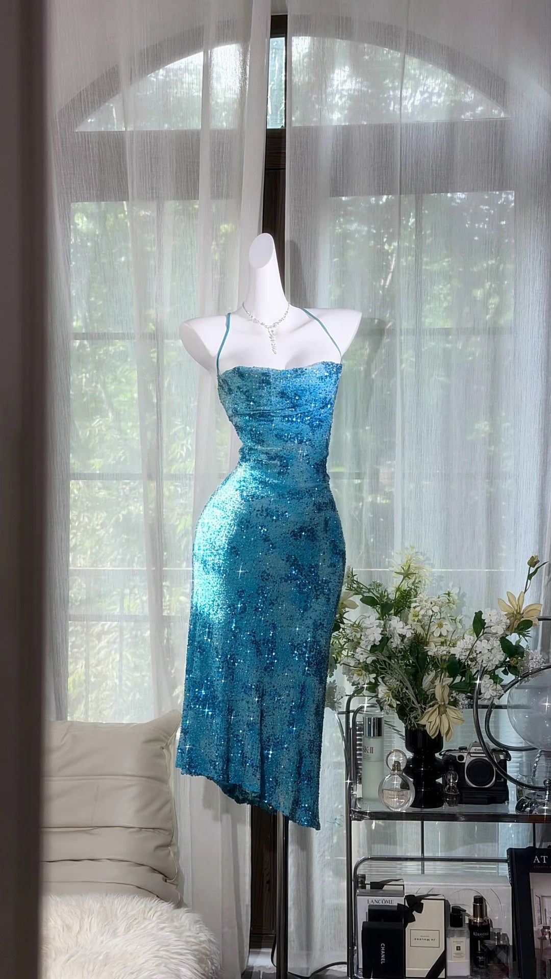 Dazzling Aqua Blue Halter Sequin Rhinestone Bodycon Midi Homecoming Dress AS2709