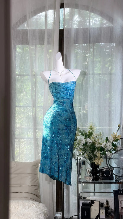 Dazzling Aqua Blue Halter Sequin Rhinestone Bodycon Midi Homecoming Dress AS2709