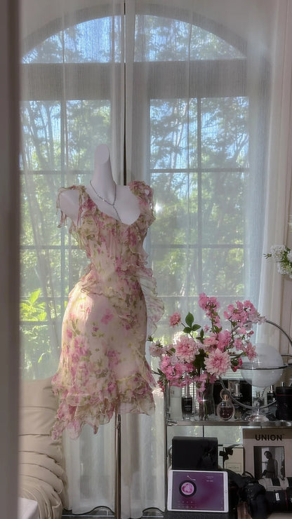 Romantic Pale Pink Strap V Neck Floral Print Chiffon Ruffle Bodycon Short Homeocoming Dress AS2711
