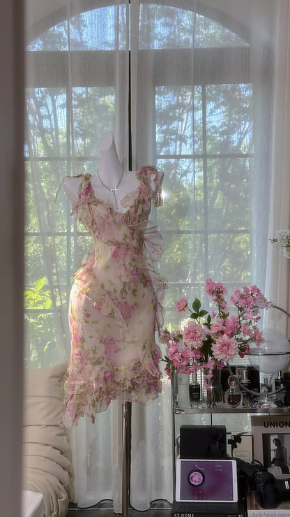 Romantic Pale Pink Strap V Neck Floral Print Chiffon Ruffle Bodycon Short Homeocoming Dress AS2711