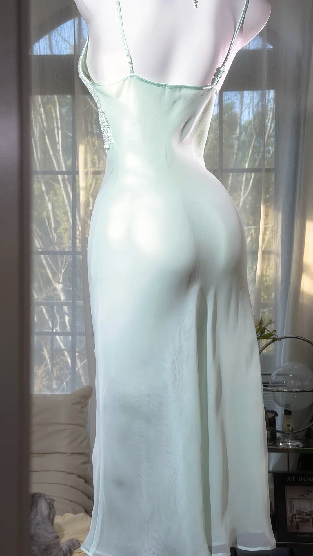 Elegant Pale Green Spaghetti Straps V Neck Lace Chiffon Bodycon Midi Homecoming Dress AS2712