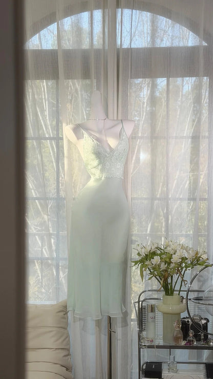 Elegant Pale Green Spaghetti Straps V Neck Lace Chiffon Bodycon Midi Homecoming Dress AS2712