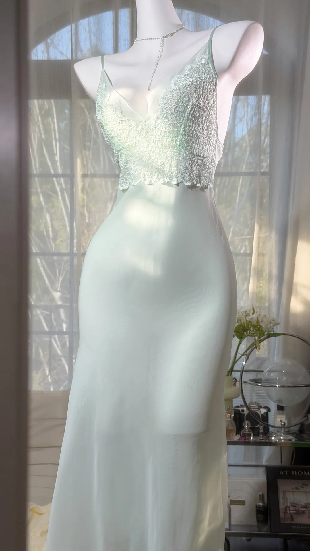 Elegant Pale Green Spaghetti Straps V Neck Lace Chiffon Bodycon Midi Homecoming Dress AS2712