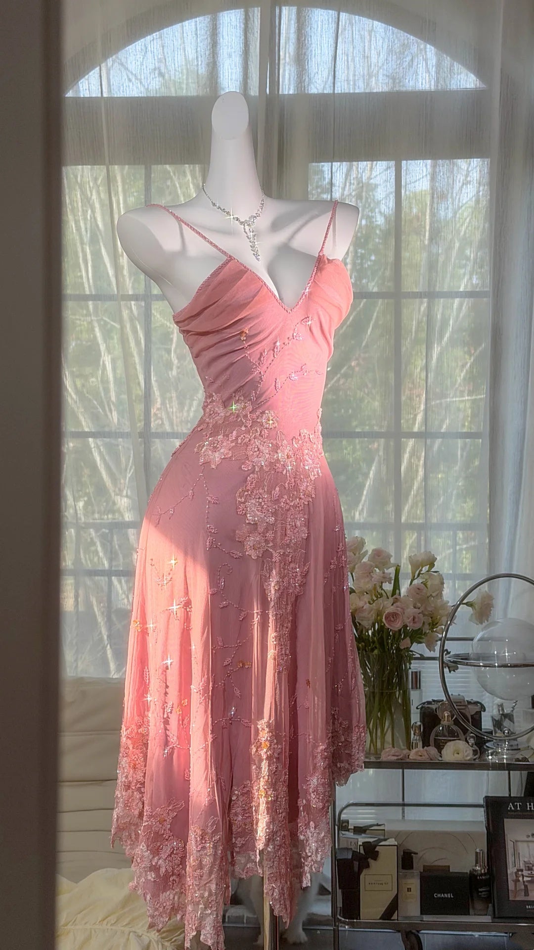 Romantic Pink Spaghetti Straps V Neck 3D Floral Lace Beaded Sheath Midi Homecoming Dress AS2713