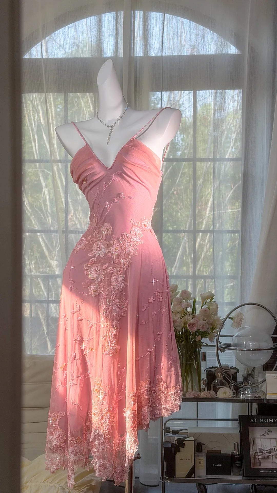 Romantic Pink Spaghetti Straps V Neck 3D Floral Lace Beaded Sheath Midi Homecoming Dress AS2713