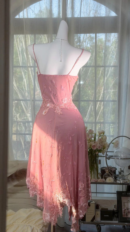 Romantic Pink Spaghetti Straps V Neck 3D Floral Lace Beaded Sheath Midi Homecoming Dress AS2713
