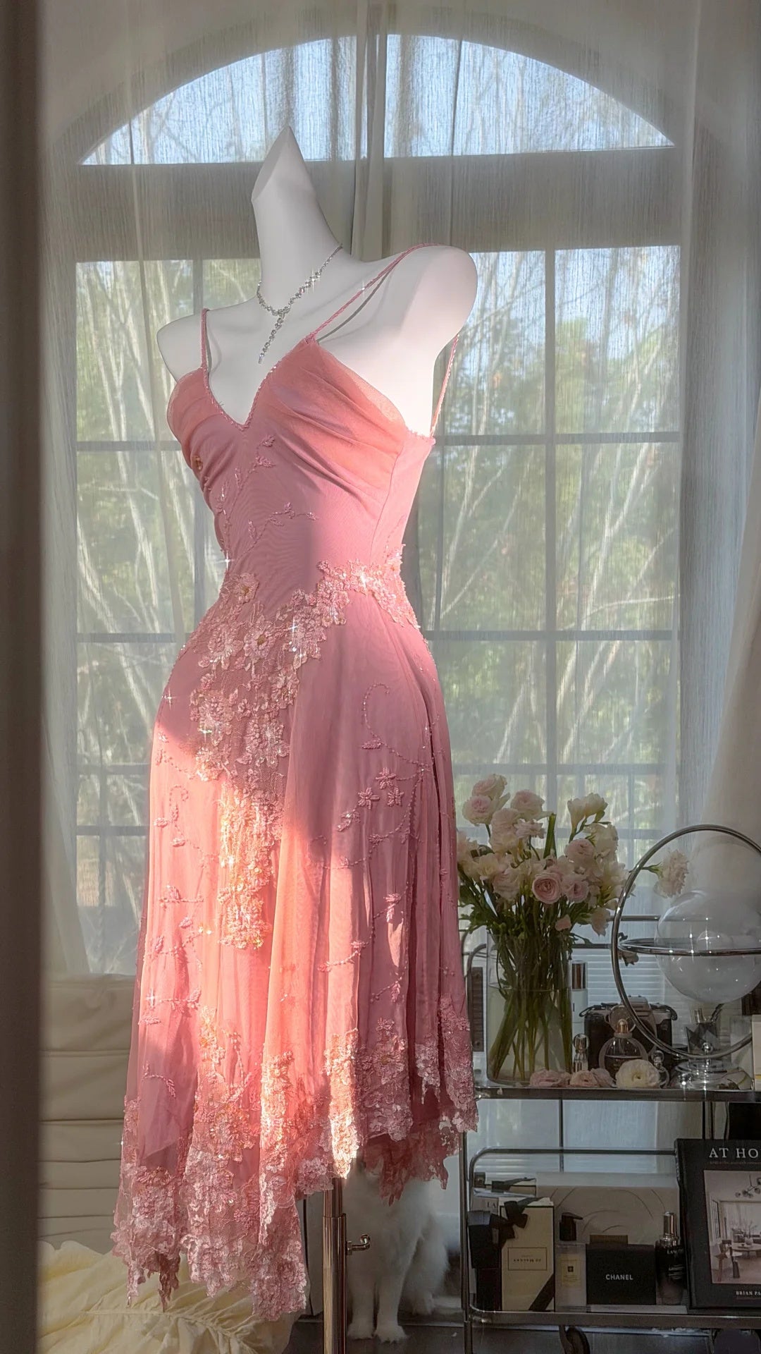 Romantic Pink Spaghetti Straps V Neck 3D Floral Lace Beaded Sheath Midi Homecoming Dress AS2713