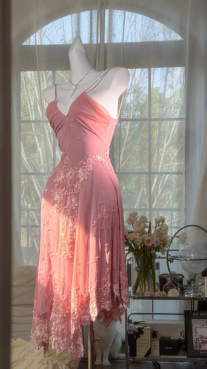 Romantic Pink Spaghetti Straps V Neck 3D Floral Lace Beaded Sheath Midi Homecoming Dress AS2713