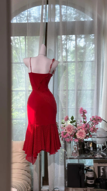 Dramatic Red White Polka Dot Asymmetric Straps V Neck 3D Rose Ruffle Bodycon Midi Homecoming Dress AS2714
