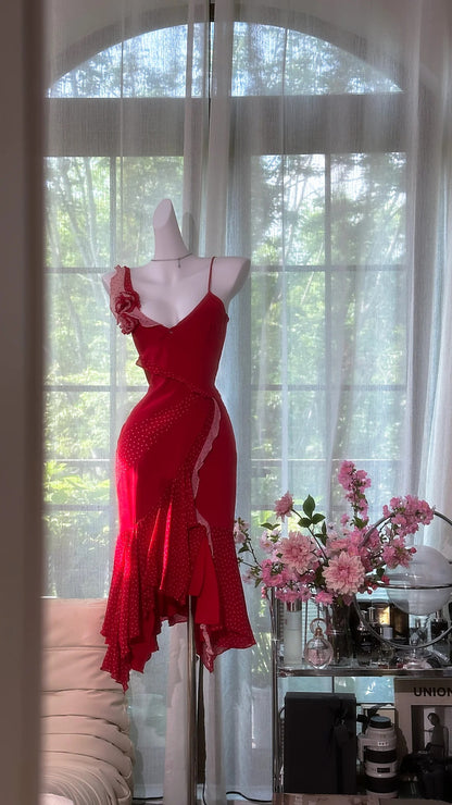 Dramatic Red White Polka Dot Asymmetric Straps V Neck 3D Rose Ruffle Bodycon Midi Homecoming Dress AS2714