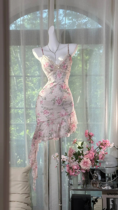 Romantic Ivory Base Pink Floral Print Lace Spaghetti Straps V Neck Asymmetrical Ruffle Bodycon Short Homecoming Dress AS2715