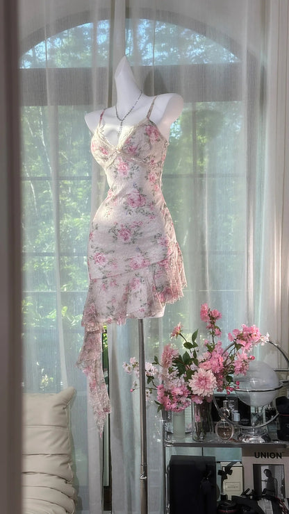 Romantic Ivory Base Pink Floral Print Lace Spaghetti Straps V Neck Asymmetrical Ruffle Bodycon Short Homecoming Dress AS2715