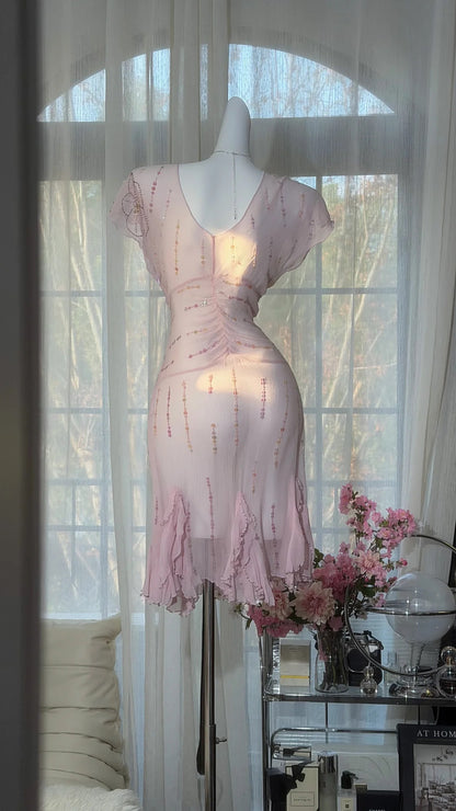 Delicate Light Pink V Neck Cap Sleeve Beaded Sequin Bodycon Short Homecoming Dress AS2717