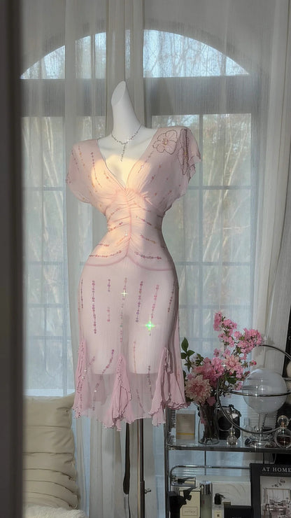 Delicate Light Pink V Neck Cap Sleeve Beaded Sequin Bodycon Short Homecoming Dress AS2717
