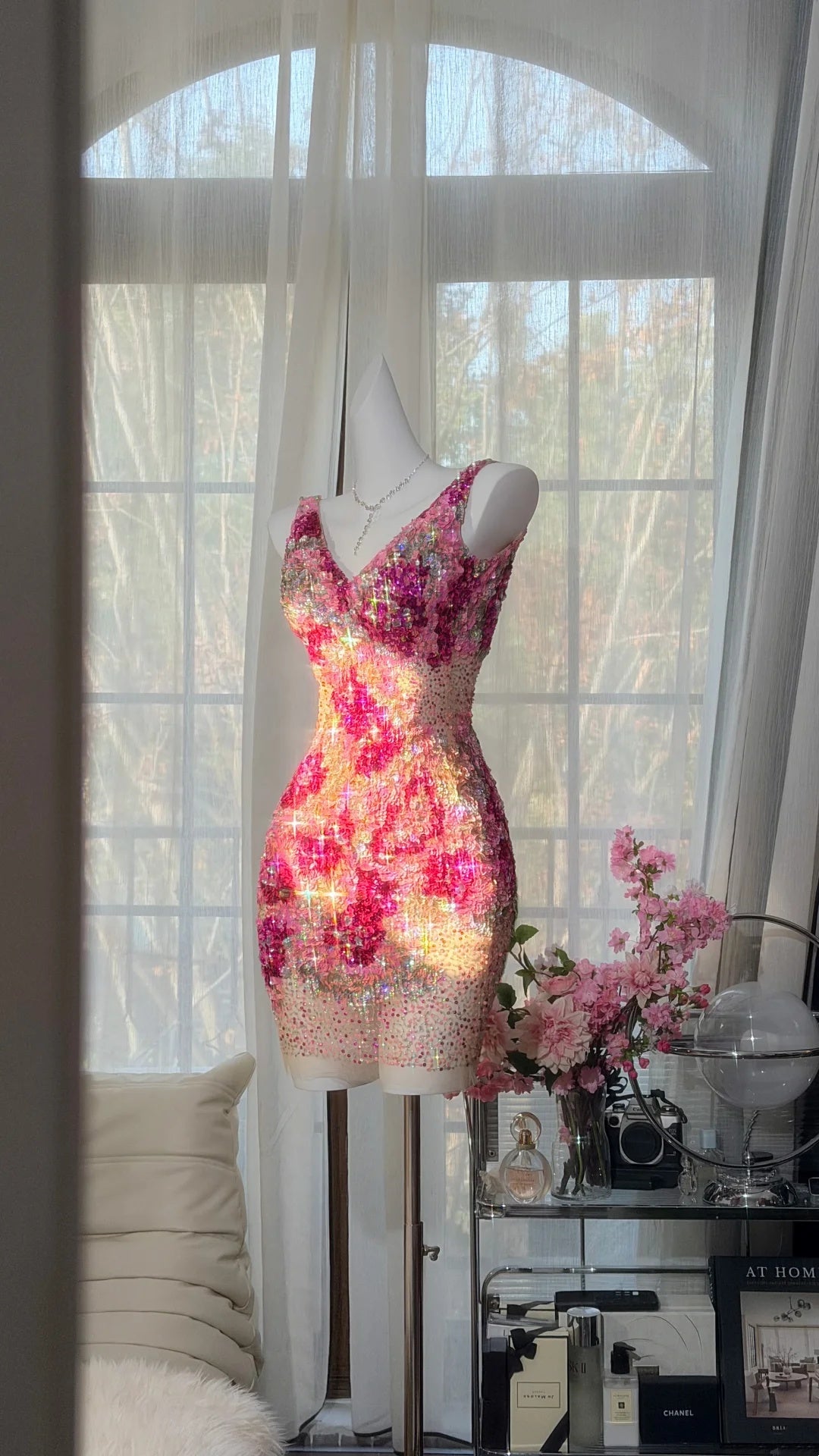 Radiant Pink Ombre V Neck Deep Back Sleeveless Sequin Rhinestone Bodycon Short Homecoming Dress AS2718
