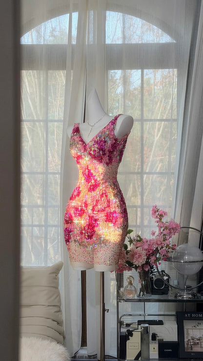 Radiant Pink Ombre V Neck Deep Back Sleeveless Sequin Rhinestone Bodycon Short Homecoming Dress AS2718