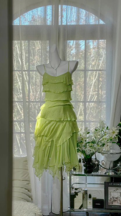 Fresh Lime Green Spaghetti Strap Tiered Ruffle Sparkle Bead Chiffon A Line Short Homecoming Dress AS2719