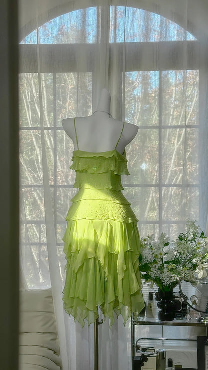 Fresh Lime Green Spaghetti Strap Tiered Ruffle Sparkle Bead Chiffon A Line Short Homecoming Dress AS2719