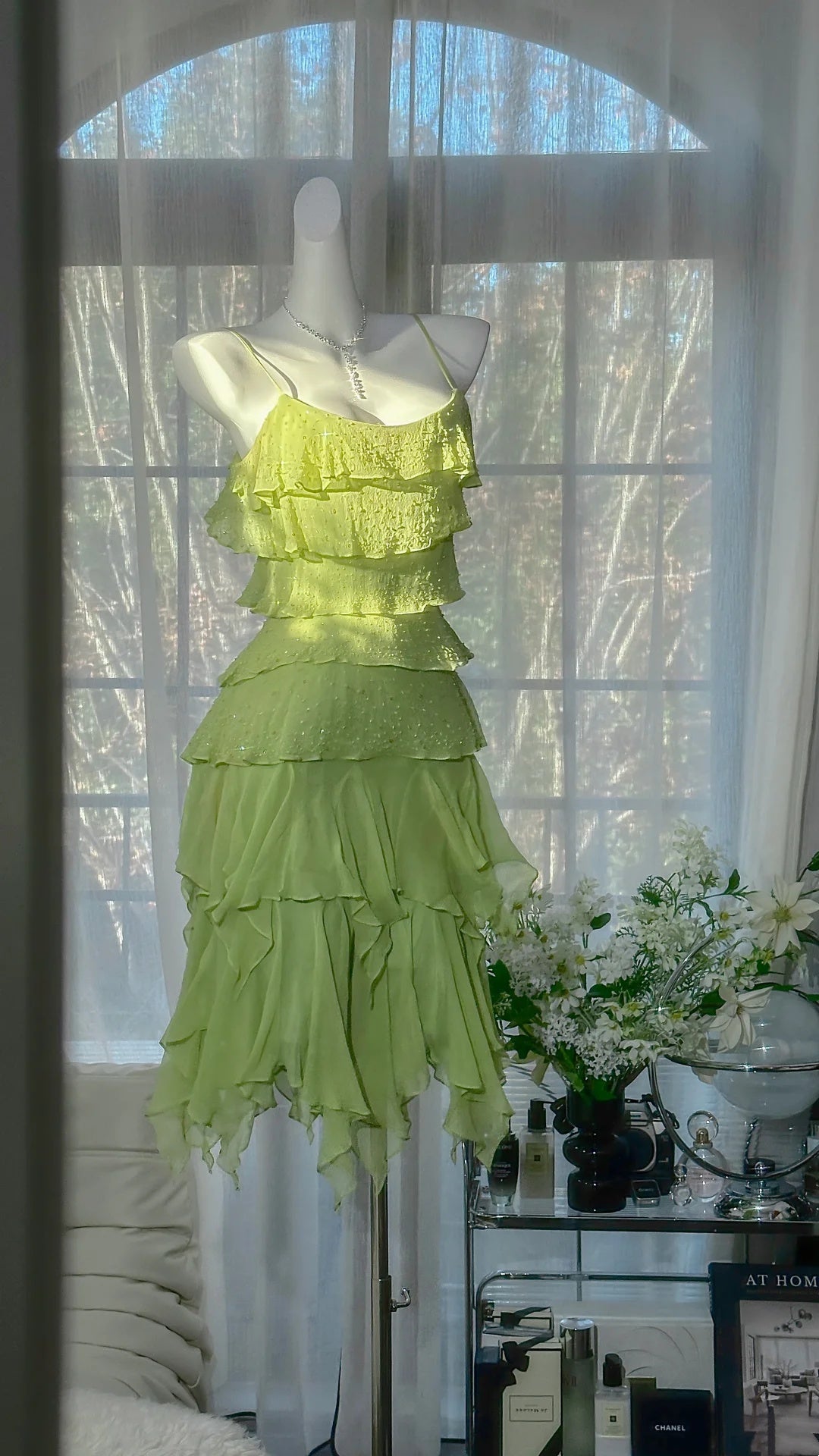Fresh Lime Green Spaghetti Strap Tiered Ruffle Sparkle Bead Chiffon A Line Short Homecoming Dress AS2719
