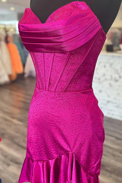 Glitter Strapless Satin Homecoming Dress With Beading And Ruffled Hem AS272