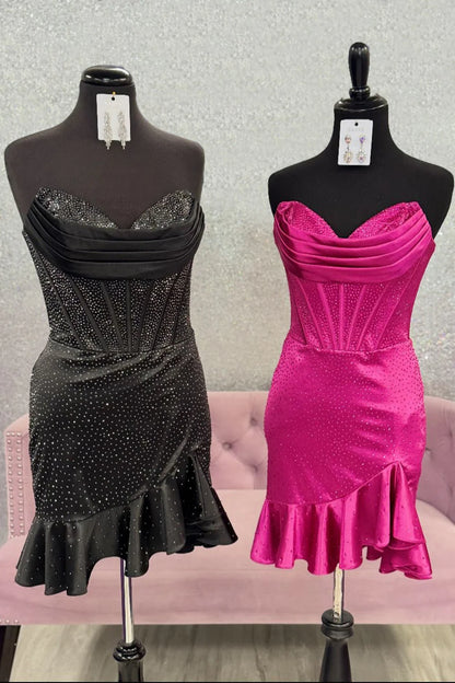 Glitter Strapless Satin Homecoming Dress With Beading And Ruffled Hem AS272