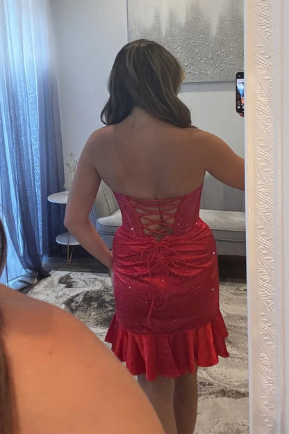 Glitter Strapless Satin Homecoming Dress With Beading And Ruffled Hem AS272